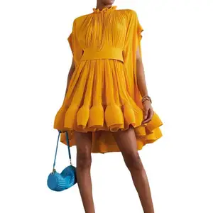Cross Border Socialite Style Party Dress 2024 New Stringy Selvedge Lace-up Design Waist-Tight Pettiskirt Dress