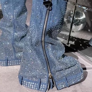 Denim Metallic Lock Shark Long Boots Thick Soles Knee High Booties Women <b>Round</b> <b>Toe</b> Zipper Bling Diamonds Shoes for Lady - Product Image 5
