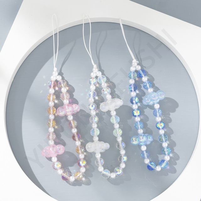 Customized 2023 New Colorful Beads Mobile Phone Chain DIY Cloud Pearl Cellphone Charm Short Wristlet Strap