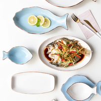 Vaisselle en céramique, plateau de service pour aliments, assiettes bleues et blanches en forme de poisson pour la maison