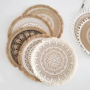 Round Table Mats 15" Round Burlap Placemats with Tassels Boho Rustic Burlap Place Mat Circle Runner Mats for Christmas