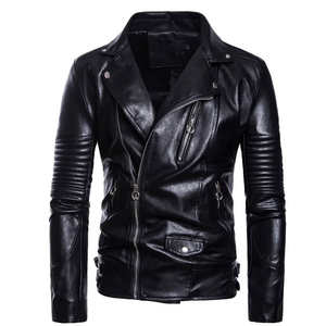 Veste de motard en simili cuir noir pour homme, manches matelassées, style moto, fermeture éclair, coupe ajustée, veste en cuir PU pour moto - Product Image 1