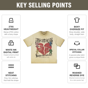 <span class=keywords><strong>เสื้อ</strong></span><span class=keywords><strong>ยืด</strong></span>ทรงบ็อกซี่โอเวอร์ไซส์ 275 กรัม ผ้าฝ้ายถัก 100% สีกากีล้างสี พิมพ์ลายหัวใจ Sins and Scars ด้วยหมึกสีขาว สไตล์สตรีทแวร์แบบดิสเทรส - Product Image 3