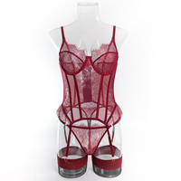 Ensemble de lingerie sexy trois pièces à découpes au dos, string avec porte-jarretelles