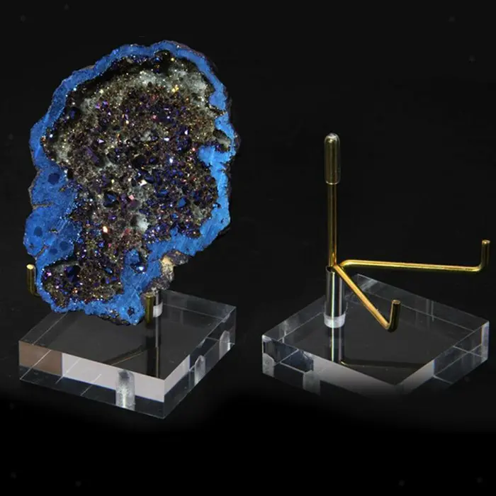 Kare şeffaf akrilik Mineral fosil ekran standı tutucu Metal kol Lucite taş akik ekran standı