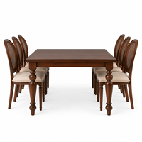 Ensemble de table à manger antique en bois massif européen de luxe, surface en verre, chaises rembourrées beige, écologique, élégant, villa, hôtel