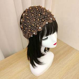 Nueva moda mujer malla cabeza envoltura perla strass elástico hueco ala ancha diadema accesorios para el cabello para mujeres - Product Image 3