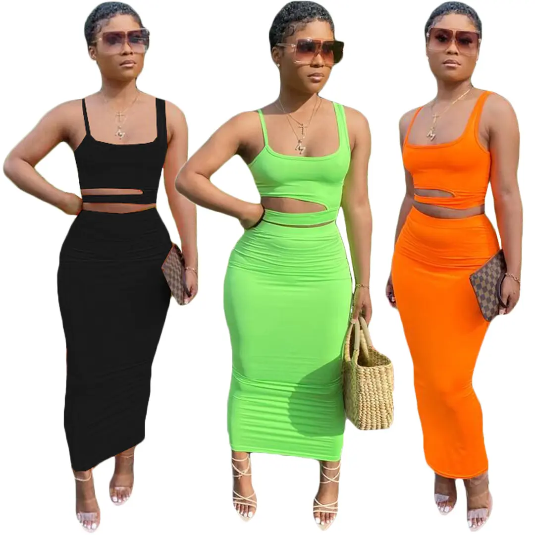 2021Summer Solid Color Dresses Maxi Dress Irregular Women'S Crop Tops Two Piece Skirt Set Plus Size Women Dress