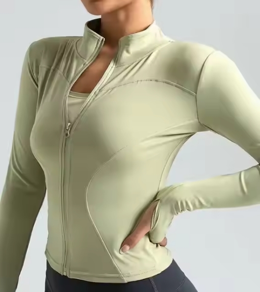 Women's Lightweight Solid Color Long-sleeved Stretch-zipper Running Jacket Thumb Hole Slim High-neck Yoga Top Sportswear