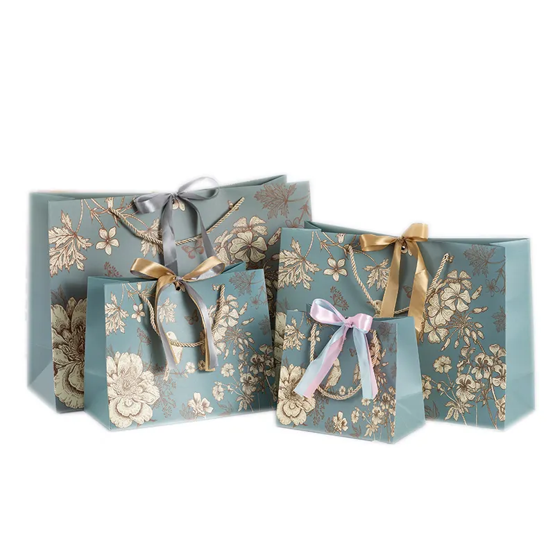 Custom High-End Fresh Small Floral Ribbon Paper Bag Craft Shopping Paper Bags For Gift