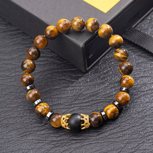 Bracciale Elastico con Perle di Occhio di Tigre Nero, Gioiello Artigianale Bohemien con Corona in Pietra Naturale, per Uomo e <span class=keywords><strong>Donna</strong></span>, Portafortuna Quotidiano - Product Image 5