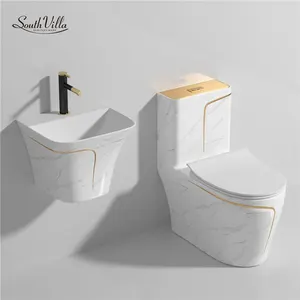 Wc sanitário de luxo, conjunto de tigelas de banheiro com pia e vaso sanitário de luxo, parede de mármore, vaso sanitário de cerâmica com aro dourado