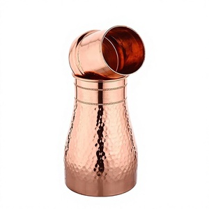 Luxury Hand Hammered Globe Copper Carafe with Matching Glass Tumbler Brass Pedestal Ring Base Nightstand Tableware Set Pot - Product Image 1