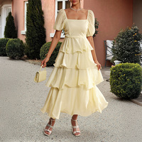 Robe d'été noire élégante à manches bouffantes, col carré, volants, modeste, sexy, décontractée, longueur maxi, tissage naturel