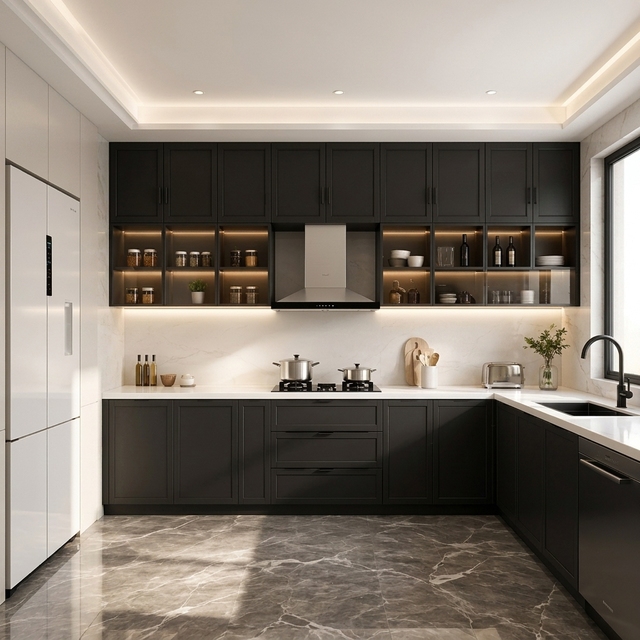Dark Wood Kitchen Cabinet with Open Shelves and Drawer Style Pantry Unit for Modern Kitchen