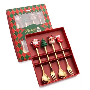 Cubiertos de regalo de Navidad, juego de cuchara y tenedor dorados, cubiertos de cocina de acero inoxidable