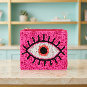 Jaunty Pink Beaded Nonwoven Felt Square Pouch Embroidered Eye Design Zipper Clutch Fashion Accessory Daily Use Wedding Favors - Product Image 1