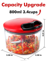 Handmatige knoflook- en groentehakker met 3 roestvrijstalen messen, uienhakker, mini-trek-hakker, 0,8L inhoud, vaatwasmachinebestendig, plastic PP