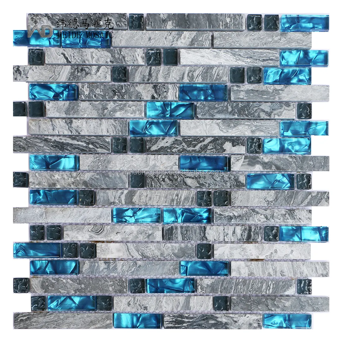 Kualitas tinggi pola interlock kaca marmer Backsplash mosaik ubin biru abu-abu gelombang bangunan rumah Strip campuran biru kaca abu-abu