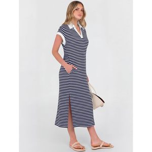 FOXA Vestido midi informal de verano para mujer, manga corta, cuello en V, corte holgado, antiarrugas, vestido de vacaciones en la playa - Product Image 4