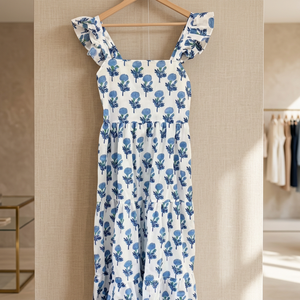 Robe longue en coton tissé imprimé à la main pour femme, avec base blanche éclatante et motifs floraux bleus vifs. - Product Image 2