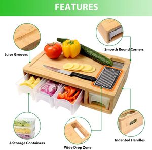 Planche à découper <span class=keywords><strong>en</strong></span> <span class=keywords><strong>bambou</strong></span> avec couvercles et râpes intégrés, grande forme rectangulaire, zone de récupération des restes durable, plateau de service pour canapé - Product Image 6