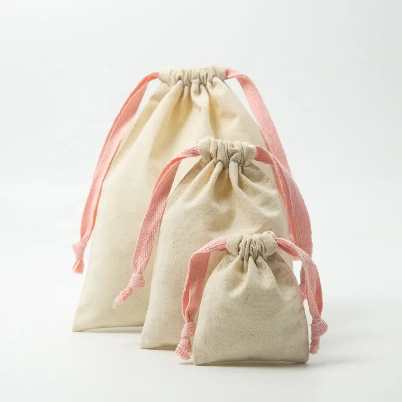Sacchetto per imballaggio regalo in lino di cotone Eco mussola all'ingrosso sacchetto con coulisse in cotone organico personalizzato