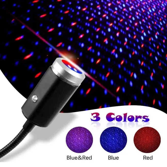 เครื่องฉายไฟ LED ดวงดาวบนหลังคารถแบบ USB,ไฟ LED ตกแต่งภายใน3สีแถบแสงเลเซอร์ปรับได้ไฟสร้างบรรยากาศสีแดงและสีน้ำเงิน