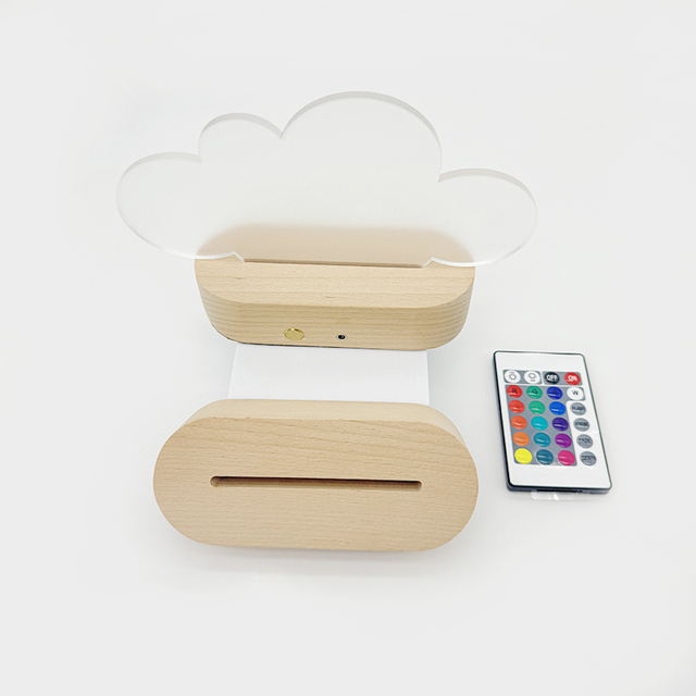 16 Color Changing Oval 3D Illusion LED Night Light Touch Remote Control Minimalist Wood Base Battery Powered Bedroom Home