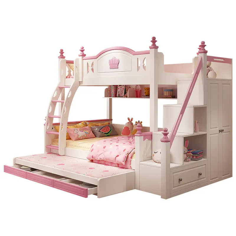 Bedroom furniture Girl Pink cartoon multifunctional children's bedroom storage solid wood bunk beds for kids