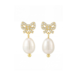 S925 <b>Silver</b> Gold Plated Bow Freshwater <b>Pearl</b> Drop <b>Earrings</b> CZ Pave Dangle Elegant Jewelry Gift for Women - Product Image 1