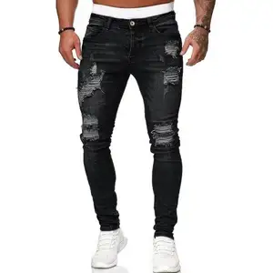 Custom Tapered Stretch Distressed Ripped Skinny Damage White Black Denim Men Jeans Pants Trousers For Men
