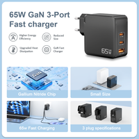 Chargeur GaN 65W PD 2C1A Prise EU Certifié CE FCC RoHS Vente en Gros d'Usine Chargeur USB C GaN QC Charge Rapide pour Ordinateur Portable
