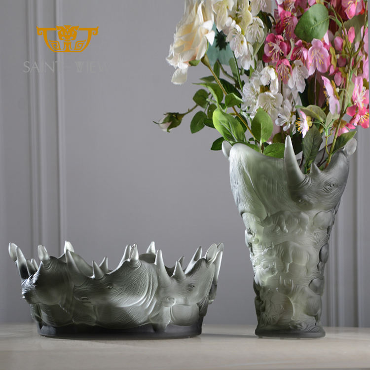 SAINT-VIEW Primitive Animal Style Rhinoceros Crystal Glass Home Interior Decor design Tall Vase