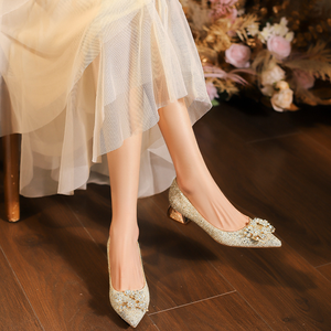 French Banquet Ladies' Low Heeled Shoes, Thick Heel, Shallow Mouth, <b>Pointed</b> Bow, Elegant Low Heeled Wedding Shoes - Product Image 2