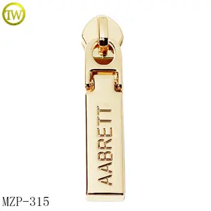 Bolsas de alto pulido Piezas de metal Marca Cremallera Slider Logos Accesorio de ropa chapado en oro Tirador de cremallera para abrigo - Product Image 1