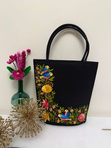 Custom made hand-embroidered floral <b>tote</b> <b>bag</b> Made from durable brown <b>fabric</b>, this <b>bag</b> features exquisite floral embroidery. - Product Image 2