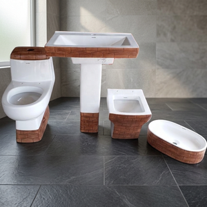 Designer Ceramic Sanitary Ware Bathroom Set WC Basin Pedestal <b>Table</b> Top Wash Basin and <b>Wall</b> Hung Wooden White Double Color - Product Image 2