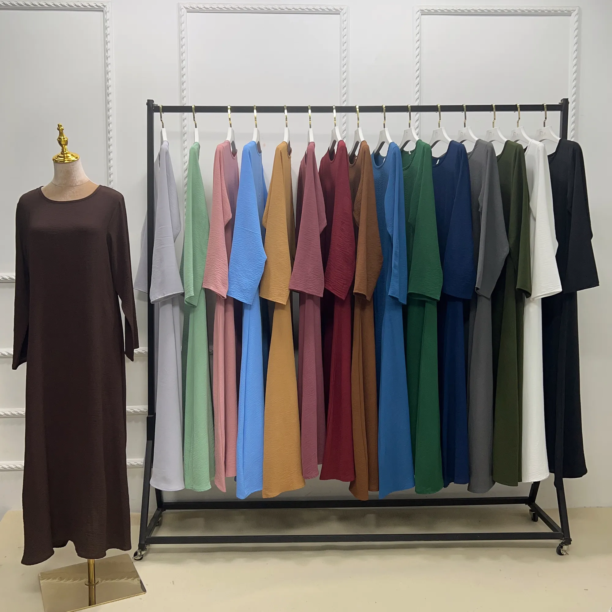 2023 Ramadan New Designs Simple Plain Modest Abaya Wrinkle Polyester Abaya Women Muslim Dress Inner Slip Dress