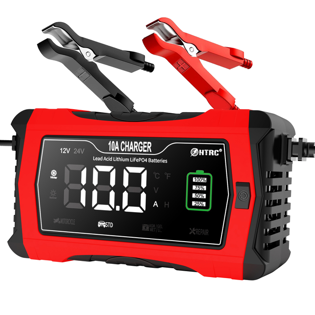 HTRC 24V10A Smart Full Automatic Car Battery Charger Fast Pulse Technology for LI-Ion Lead-Acid Batteries for Cars Electric