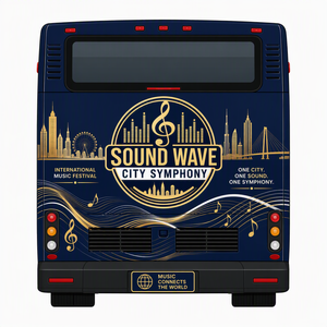 Autocollant personnalisé pour bus sur le thème de la musique, vinyle or et bleu, silhouette de la ville, pour la décoration de véhicules de transport public, vente en gros - Product Image 4