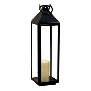 Farol de metal negro con paneles de vidrio y asa de anillo - Product Image 1