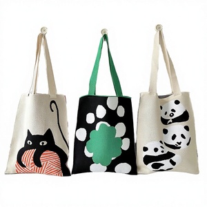 Bolso de hombro de compras de lona de algodón con estampado floral y diseño de panda de dibujos animados, tejido a crochet, para mujer. - Product Image 4