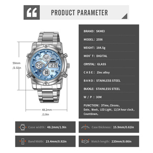 SKMEI 2556 luxe sportif en <span class=keywords><strong>acier</strong></span> inoxydable bande boîtier en alliage analogique numérique chronographe montre pour hommes 3BAR résistant à l'eau - Product Image 3
