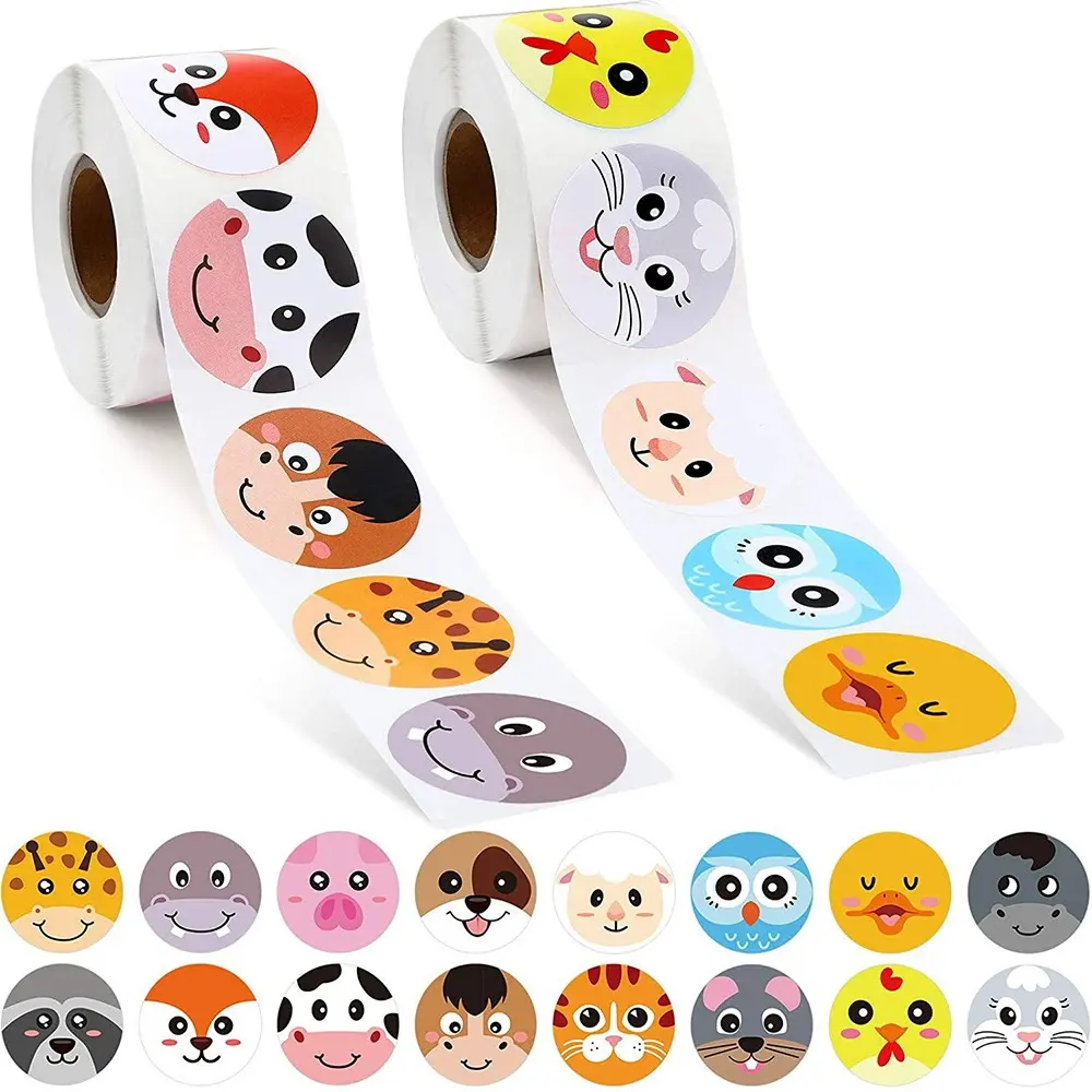 Etichette adesive simpatici animali dei cartoni animati adesivi rotondi in vinile con stampa all'ingrosso personalizzata per bambini adesivi per insegnanti
