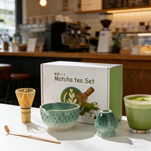 Gift for Coffee Shop and Home Kitchen Trendy Green Ombre Set With Bamboo Accessories Ceramic Matcha Bowl Whisk Kit - Product Image 1