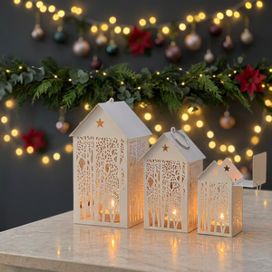 Portavelas de Metal en Forma de Cabaña, Hechos a Mano, Duraderos y Elegantes, Color Blanco, Personalizados con Temática Navideña, Decoración para el Hogar, Venta al Por Mayor - Product Image 1