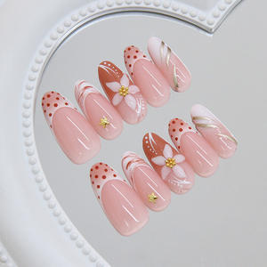 Lot de 24 <span class=keywords><strong>faux</strong></span> ongles de luxe réutilisables en amande, motif floral, de haute qualité, à presser, style français, pour la vente en gros - Product Image 2