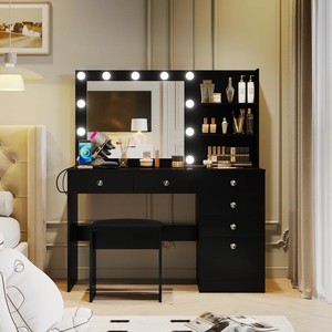 Conceptions modernes Bureau de courtoisie noir Maquillage Salon de beauté Filles <span class=keywords><strong>Commode</strong></span> en MDF <span class=keywords><strong>Grande</strong></span> coiffeuse en bois avec miroir lumineux et étagère - Product Image 3