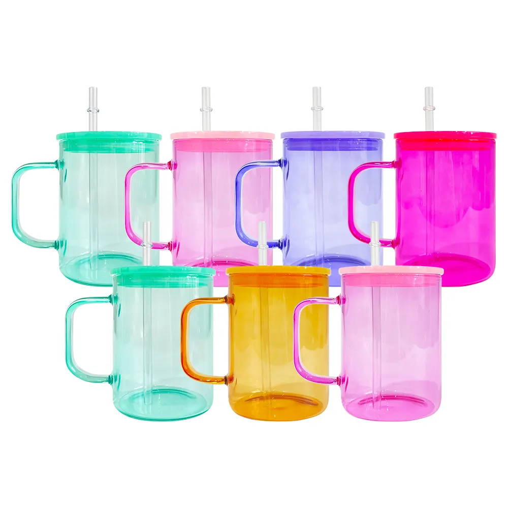 suitable for vinyl 17oz colorful clear jelly glass mug Tea Milk Beer sublimation colored plastic lids Coffee Mugs with Handle